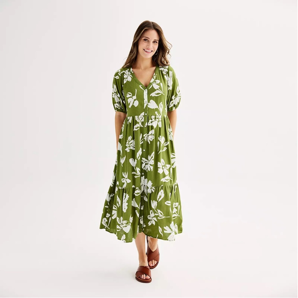 Sonoma Women’s Green Linen Blend Floral Maxi Dress NWT L
